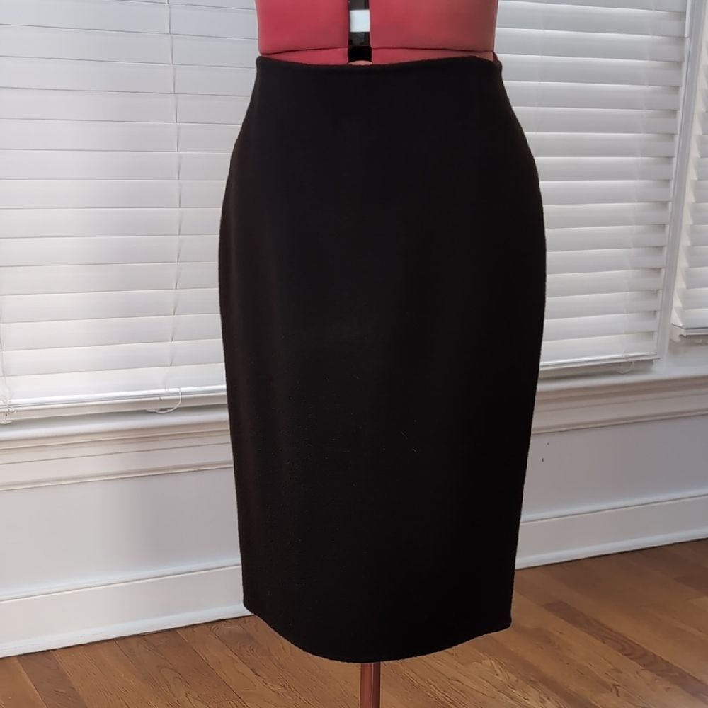 Vintage 80s Anne Klein Size 6 Chocolate Brown Wool Midi Pencil Skirt Minimalist